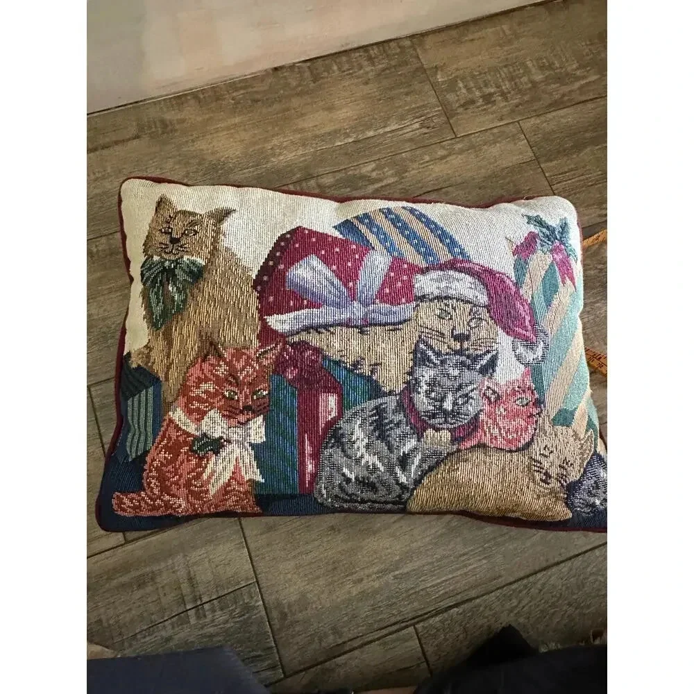 Vintage Christmas Cat Tapestry Pillow Rectangular Used 16 by 11 inches